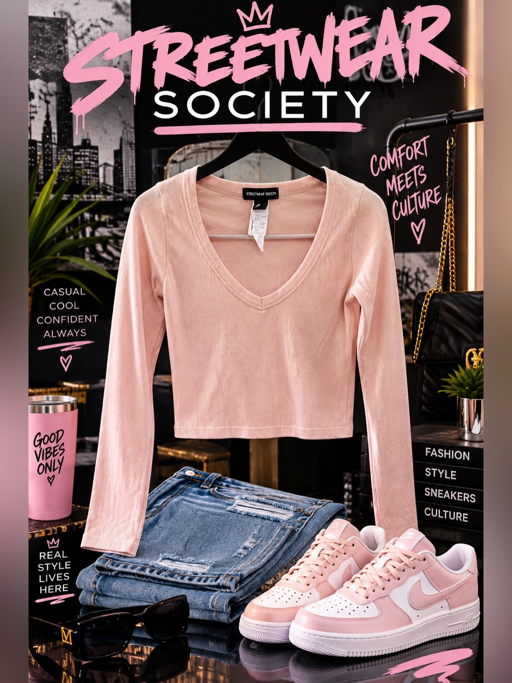 Streetwear Society |Women's V-Neck Long Sleeve Crop Top - Pink